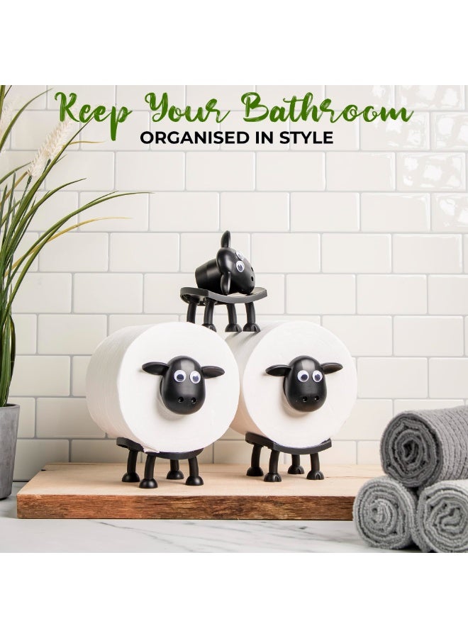 هومستر 3 قطع مجموعة الغنم مرحاض الدفة حامل، المبدع حمام ورق المطبخ منظّم المناشف، البيت ديكور لطيف موزع مناديل مرح مادة بلاستيكية، أسود/أبيض، 8.5*16 سم - Image 2
