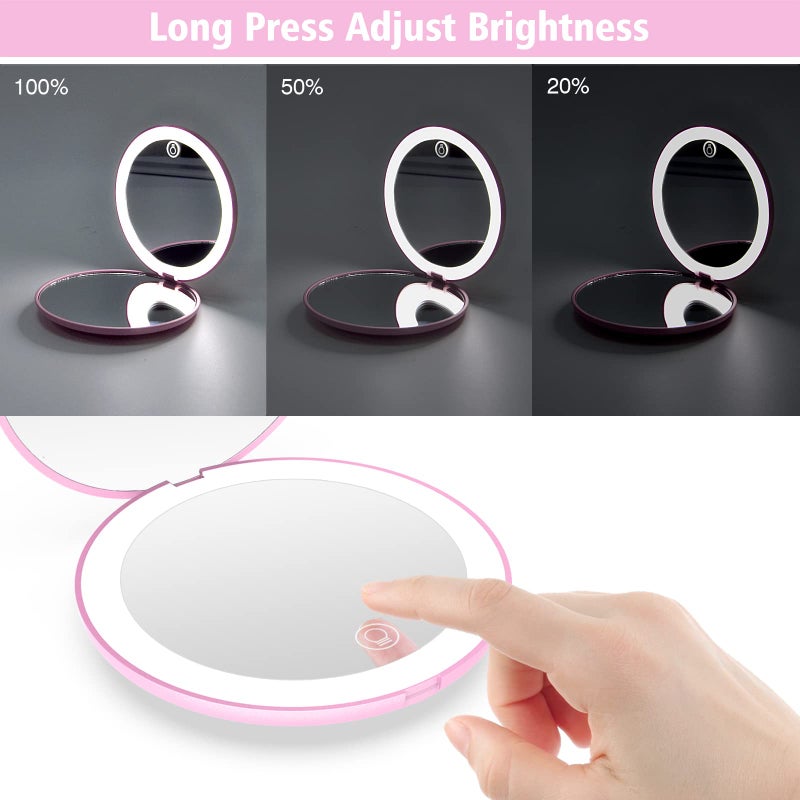 wobsion wobsion Compact Magnifying Mirror Rechargeable 1x/10x Magnification Travel Mirror with Light Small Makeup Mirror Pocket Mirror for Purse Handbag Handheld 2-Sided Mirror Dimmable Gifts for Girls Pink - Image 3