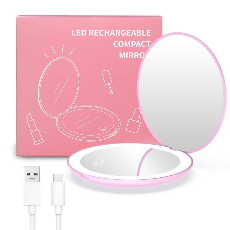 wobsion wobsion Compact Magnifying Mirror Rechargeable 1x/10x Magnification Travel Mirror with Light Small Makeup Mirror Pocket Mirror for Purse Handbag Handheld 2-Sided Mirror Dimmable Gifts for Girls Pink - Image 1