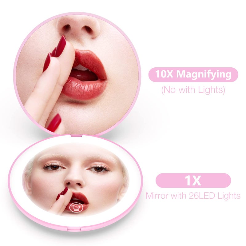 wobsion wobsion Compact Magnifying Mirror Rechargeable 1x/10x Magnification Travel Mirror with Light Small Makeup Mirror Pocket Mirror for Purse Handbag Handheld 2-Sided Mirror Dimmable Gifts for Girls Pink - Image 2