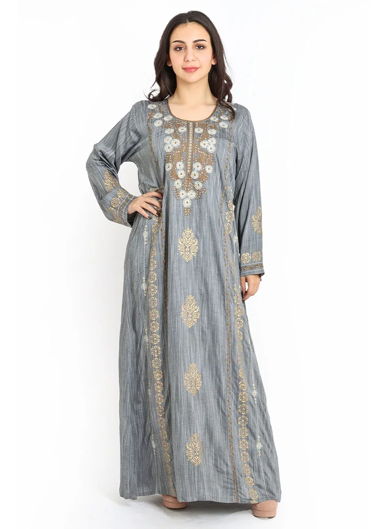 IKKXA Elegant Embroidered Aary Jalabiya IK1585 Grey