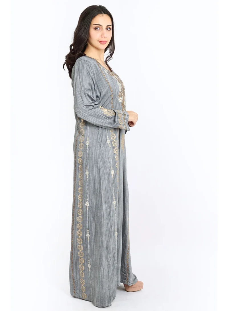 IKKXA Elegant Embroidered Aary Jalabiya IK1585 Grey