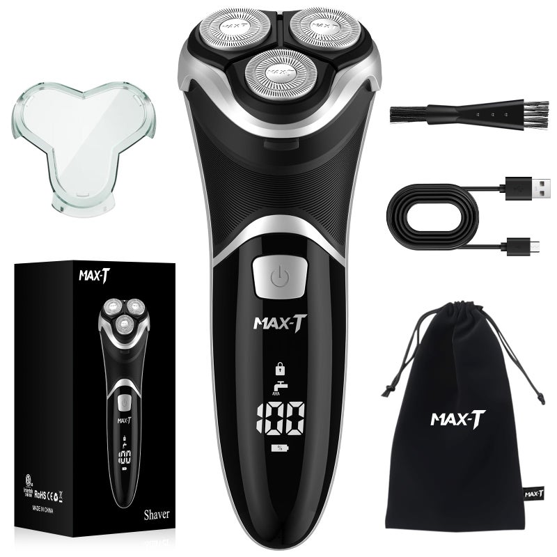 MAX-T Men's Electric Shaver - Corded and Cordless Rechargeable 3D Rotary Shaver Razor for Men with Pop-up Sideburn Trimmer Wet and Dry Painless 100-240V Black (Metal Black)