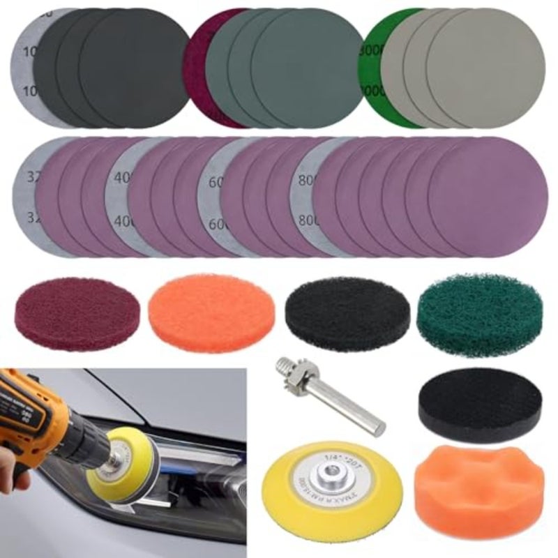38PCS Car Headlight Restoration Kit, 3 Inch Mixed Sandpaper Set, Headlight Polishing Kit Include Sanding Disc Scouring Pad Polishing Pad for Drill, Universal Car Headlight Renewer Kit - Image 1
