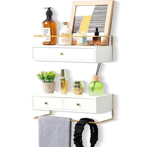Dreampossible Floating Shelves With Drawers Set of 2, Wall Mounted Bathroom Storage, Rustic Wood Shelves for Bedroom, Living Room, Kitchen, Home Decor, Plants, Books (White) - Image 1