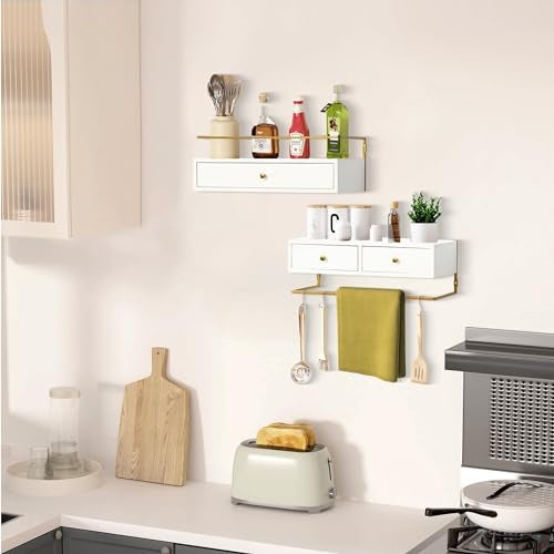 Dreampossible Floating Shelves With Drawers Set of 2, Wall Mounted Bathroom Storage, Rustic Wood Shelves for Bedroom, Living Room, Kitchen, Home Decor, Plants, Books (White) - Image 2