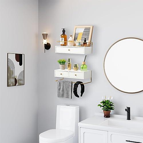 Dreampossible Floating Shelves With Drawers Set of 2, Wall Mounted Bathroom Storage, Rustic Wood Shelves for Bedroom, Living Room, Kitchen, Home Decor, Plants, Books (White) - Image 5