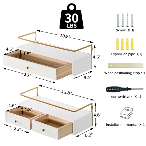 Dreampossible Floating Shelves With Drawers Set of 2, Wall Mounted Bathroom Storage, Rustic Wood Shelves for Bedroom, Living Room, Kitchen, Home Decor, Plants, Books (White) - Image 4