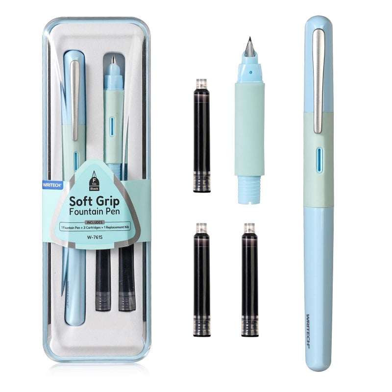 WRITECH Soft Grip Fountain Pen: Black Ink Fine Nib Pen with 1 Replacement Nib Set and 3 Ink Cartridges Smooth Writing for Calligraphy Journaling Gift (Blue) - Image 1