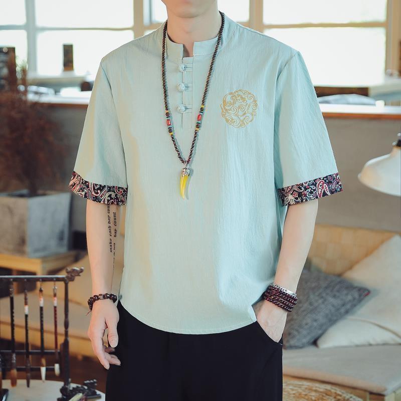 Chinese Style Costume Shirt Mens Short-sleeved Chinese Style Cotton Linen Half-sleeved T-shirt Tang Suit Embroidered plus size Loose Shirt Fruit green-ym51 counter quality anti-imitation version