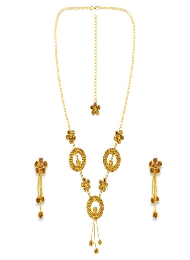 ACCESSHER Women's & Girls Gold-Tone Golden Round Floral Choker Necklace Set with Earrings & Maangtikka, Accessories Jewellery Set Combo for Weddings & Special Occasions - Image 1