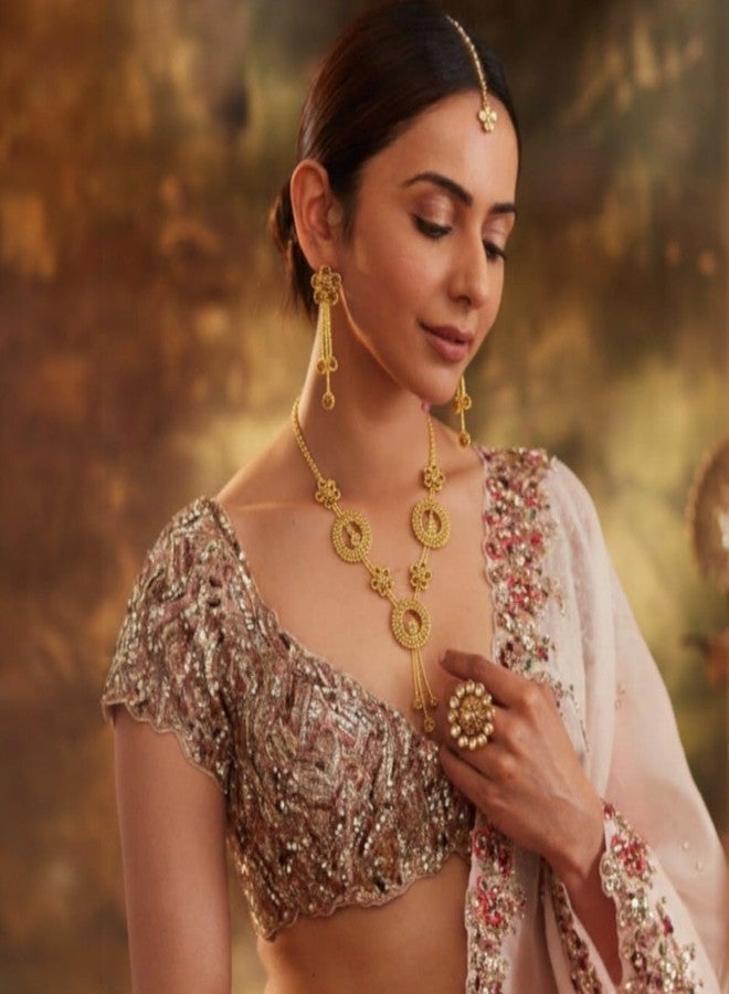 ACCESSHER Women's & Girls Gold-Tone Golden Round Floral Choker Necklace Set with Earrings & Maangtikka, Accessories Jewellery Set Combo for Weddings & Special Occasions - Image 2