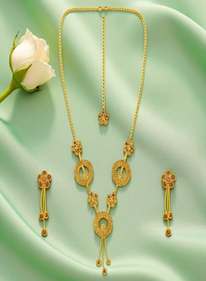 ACCESSHER Women's & Girls Gold-Tone Golden Round Floral Choker Necklace Set with Earrings & Maangtikka, Accessories Jewellery Set Combo for Weddings & Special Occasions - Image 3