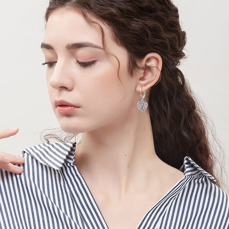 DAOCHONG S925 Sterling Silver Heart Round Dangle Drop Leverback Cage Filigree Earrings for Women Jewelry - Image 2