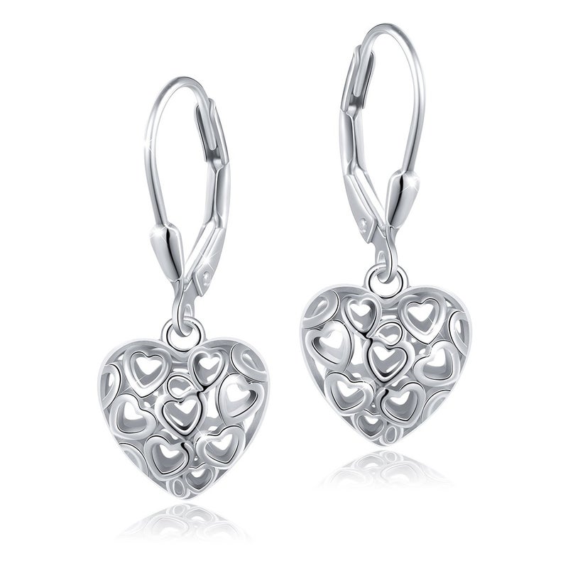 DAOCHONG S925 Sterling Silver Heart Round Dangle Drop Leverback Cage Filigree Earrings for Women Jewelry - Image 1