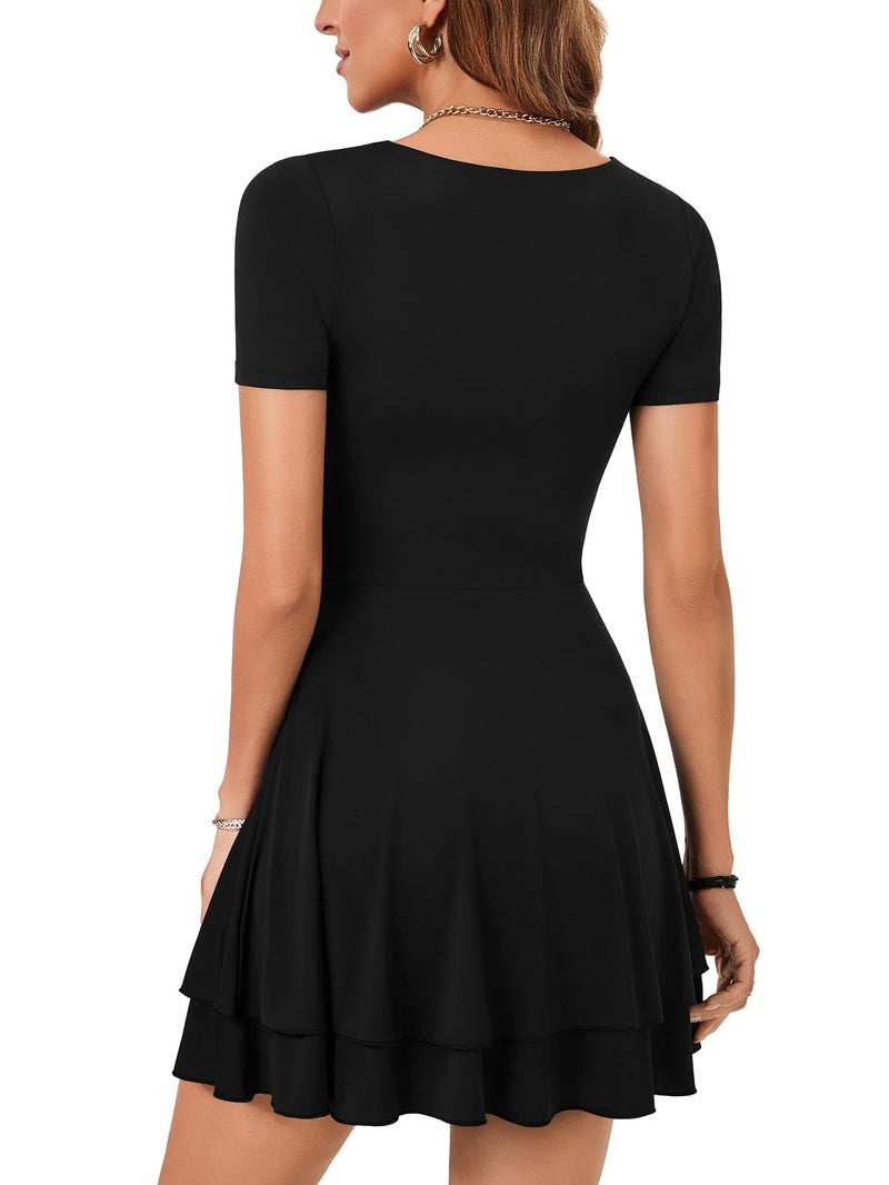 OPOIPIN Women's Square Neck Short Sleeve A-Line Flare Swing Short Mini Dress Black Medium - Image 5