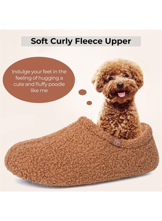HomeTop Women's Fuzzy Curly Fur Memory Foam Loafer Slippers Bedroom House Shoes with Polar Fleece Lining (7-8 US,Tan)