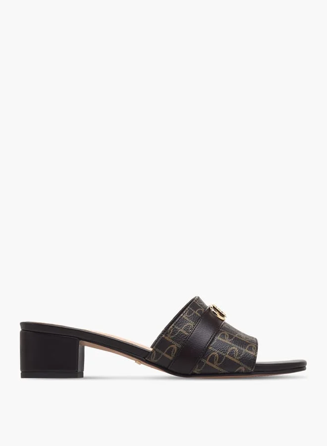 Women Monogram Print Slip-On Sandals with Block Heels