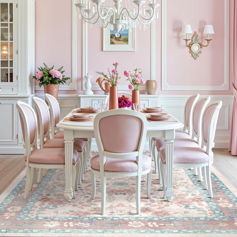 Deerly Pink Floral Area Rugs 5x7 Boho Washable Non-Slip Living Room Carpet Soft Low Pile Vintage Thin Bedroom Floor Mat Indoor for Playroom Nursery Kids Girls Room Farmhouse, Light Pink/Blue/Multi - Image 3