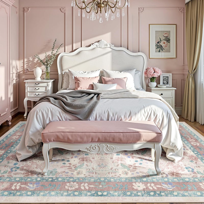 Deerly Pink Floral Area Rugs 5x7 Boho Washable Non-Slip Living Room Carpet Soft Low Pile Vintage Thin Bedroom Floor Mat Indoor for Playroom Nursery Kids Girls Room Farmhouse, Light Pink/Blue/Multi - Image 2