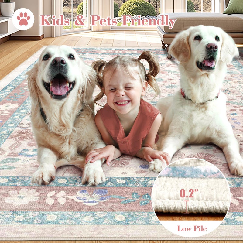 Deerly Pink Floral Area Rugs 5x7 Boho Washable Non-Slip Living Room Carpet Soft Low Pile Vintage Thin Bedroom Floor Mat Indoor for Playroom Nursery Kids Girls Room Farmhouse, Light Pink/Blue/Multi - Image 4