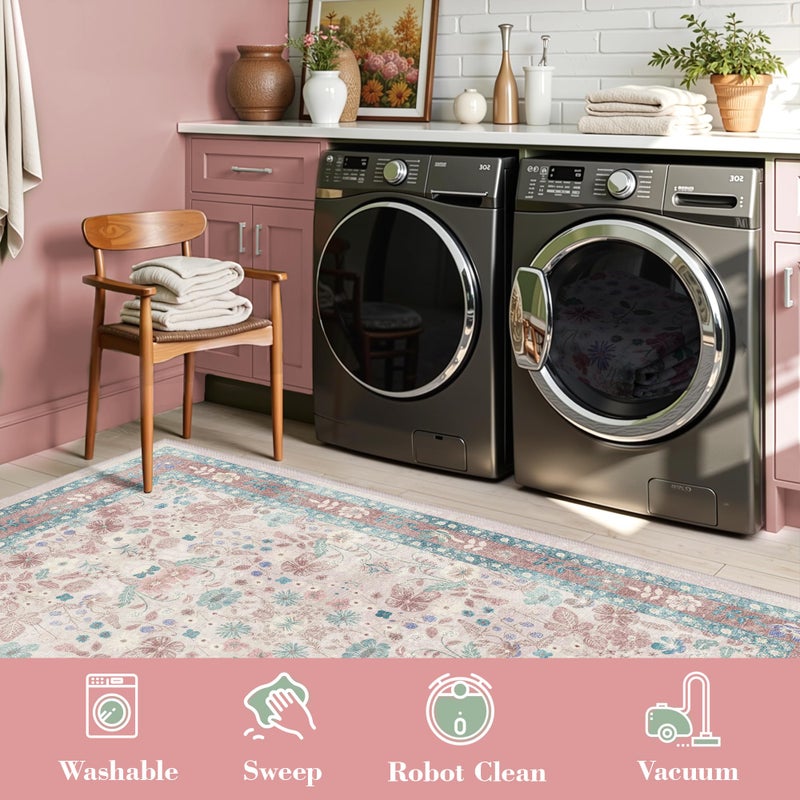 Deerly Pink Floral Area Rugs 5x7 Boho Washable Non-Slip Living Room Carpet Soft Low Pile Vintage Thin Bedroom Floor Mat Indoor for Playroom Nursery Kids Girls Room Farmhouse, Light Pink/Blue/Multi - Image 5