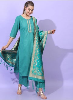 Vishudh Women Green Kurta Set with Lace Work  - Image 1