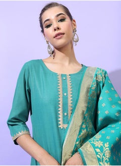 Vishudh Women Green Kurta Set with Lace Work  - Image 2