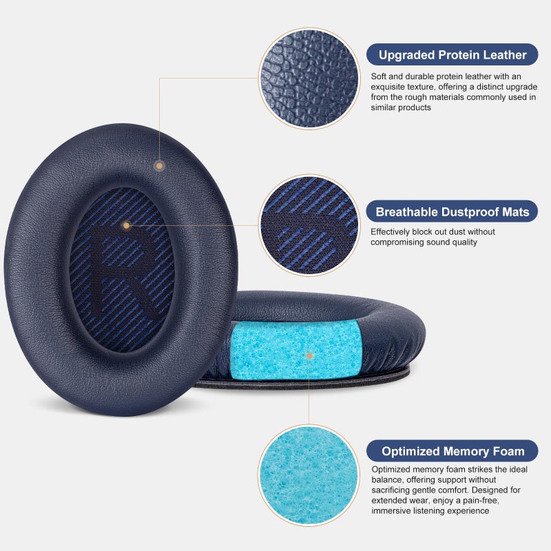 Aurivor Replacement Ear-Pads for Bose Quiet-Comfort QC 35 (ii) 25 15 2 Headphones, Upgraded Cushion for QC35 (ii) QC25 QC15 QC2 SoundTrue/SoundLink AE2/AE2i/AE2w Around-Ear Headphones (MidnightBlue) - Image 3