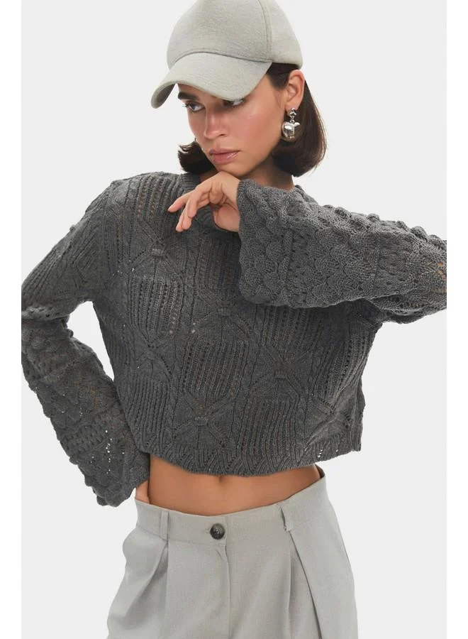 جون June Women Crew Neck Spanish Sleeve Openwork Self-Patterned Sweater Anthracite