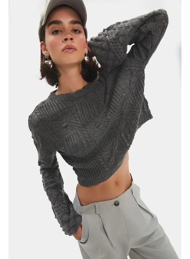 جون June Women Crew Neck Spanish Sleeve Openwork Self-Patterned Sweater Anthracite
