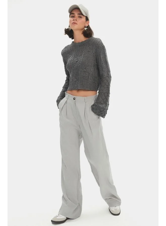 جون June Women Crew Neck Spanish Sleeve Openwork Self-Patterned Sweater Anthracite