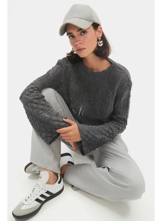 جون June Women Crew Neck Spanish Sleeve Openwork Self-Patterned Sweater Anthracite