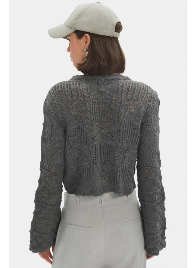 جون June Women Crew Neck Spanish Sleeve Openwork Self-Patterned Sweater Anthracite