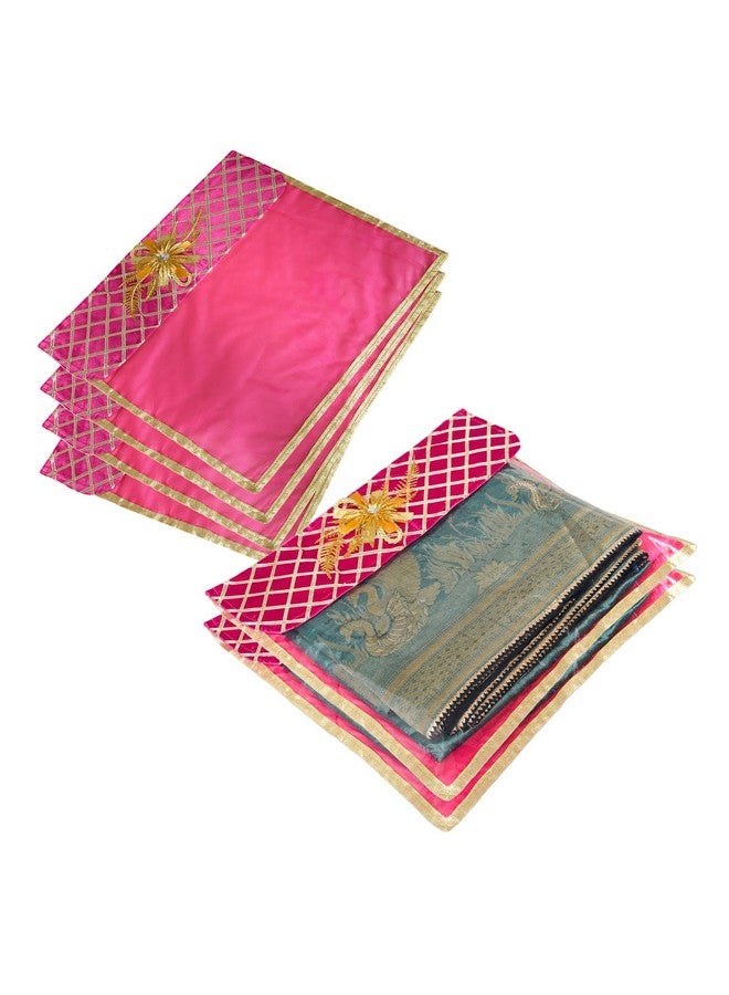 Kuber Industries Saree Cover | Clothes Storage Bag | Single Packing Saree with Velcro | Wardrobe Organizer | Cloth Stoarge Organizer | Check Jama Brooch-Design | Pack of 6 | Pink - Image 1