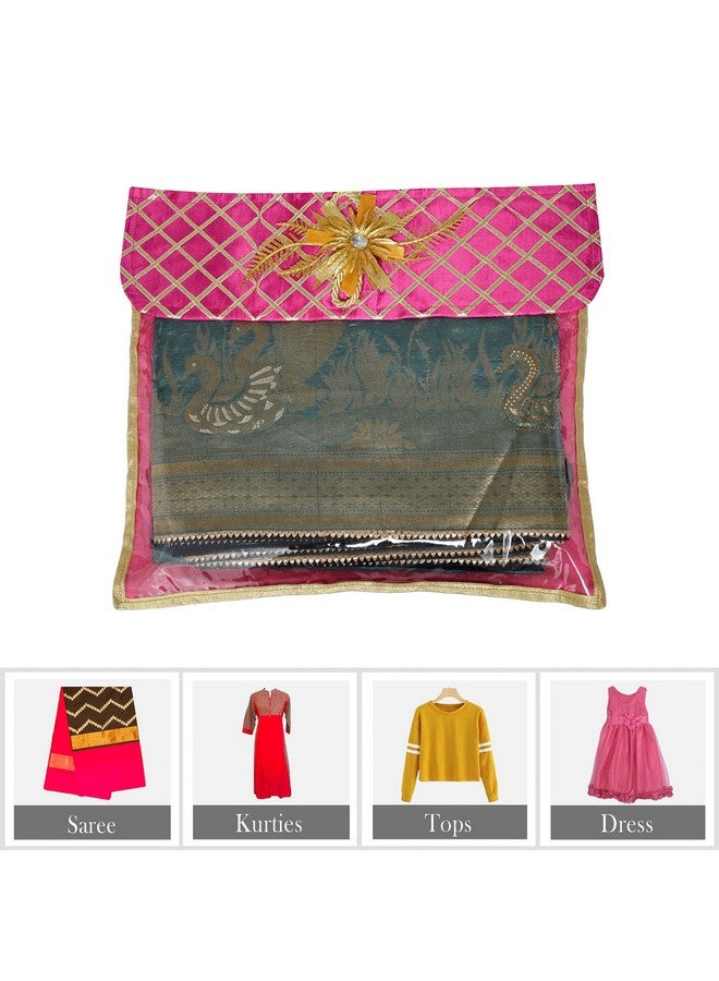 Kuber Industries Saree Cover | Clothes Storage Bag | Single Packing Saree with Velcro | Wardrobe Organizer | Cloth Stoarge Organizer | Check Jama Brooch-Design | Pack of 6 | Pink - Image 4