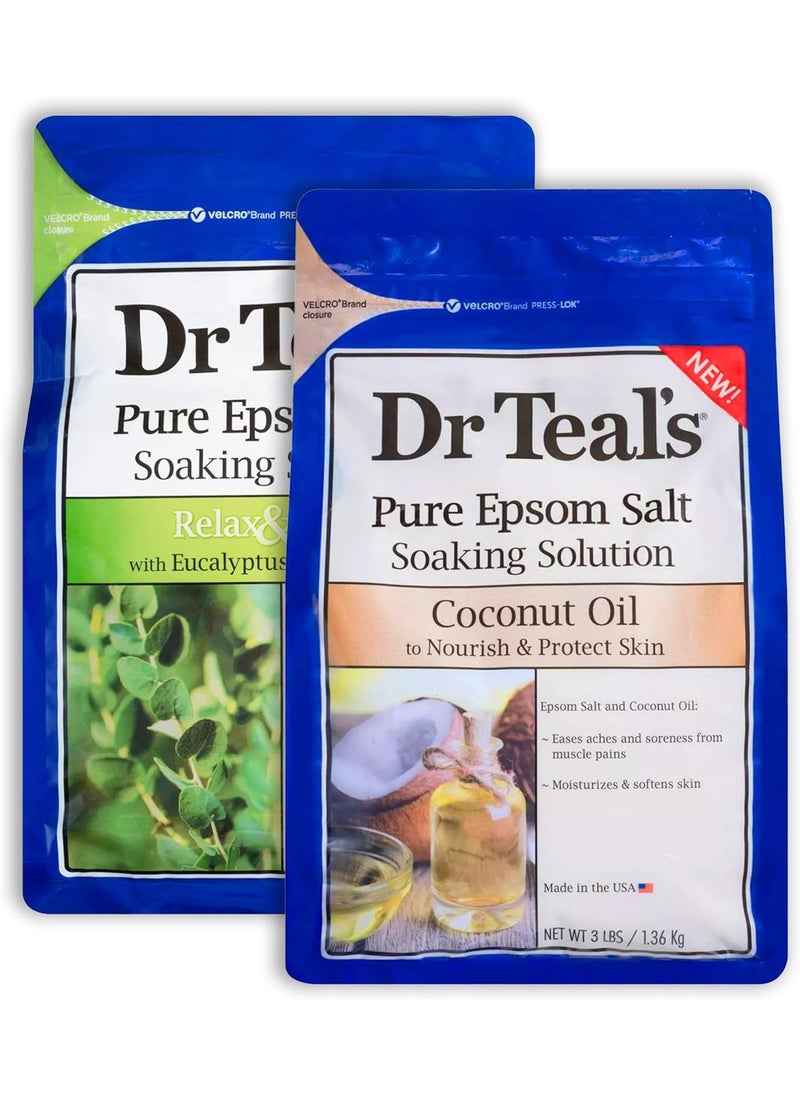 Dr Teal's - Dr Teals Epsom Salt Bath Variety Gift Set 2 Pack 3lb Ea  Relax  Relief Eucalyptus  Spearmint Nourish  Protect Coconut  Essential Oils  Pure Epsom Salt Ease Pain Clear The Mind  Senses - Image 1