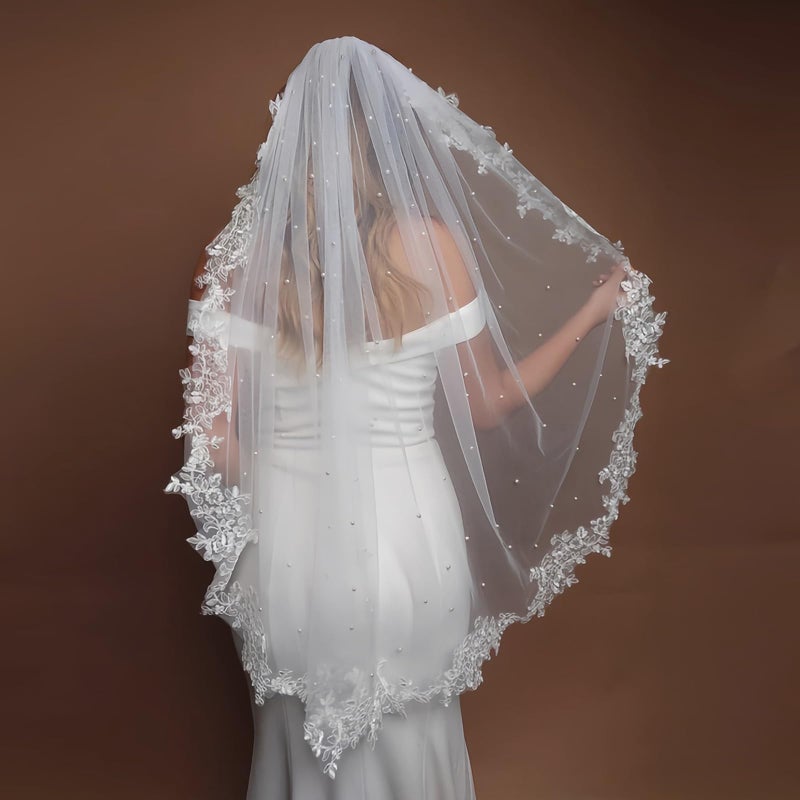 AMORARSI Wedding Veil Lace 1 Tier Cathedral Length Fingertip Length Bride Veil with Metal Comb - Image 3
