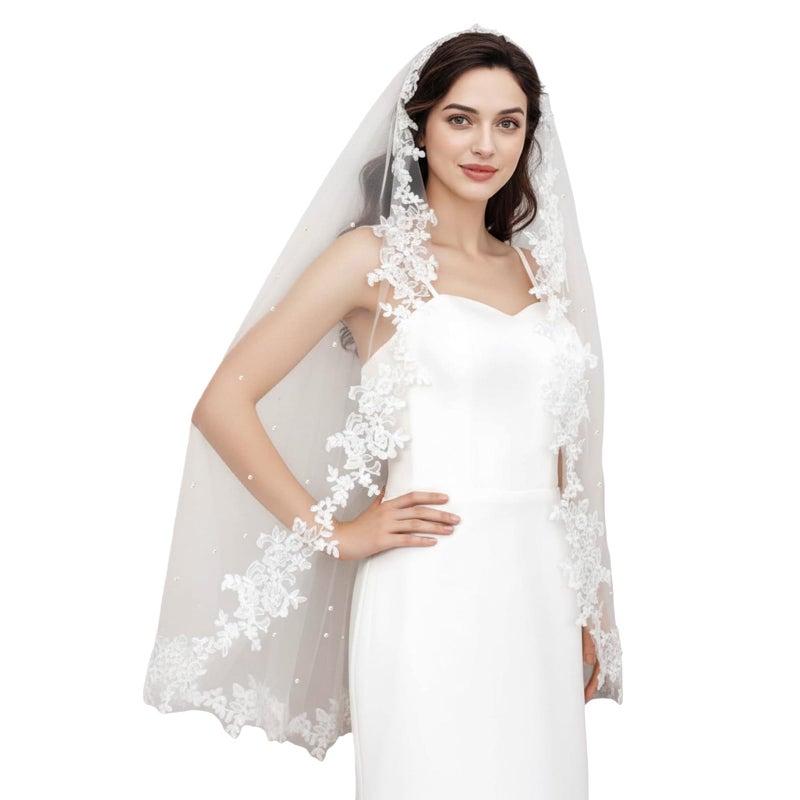 AMORARSI Wedding Veil Lace 1 Tier Cathedral Length Fingertip Length Bride Veil with Metal Comb - Image 1