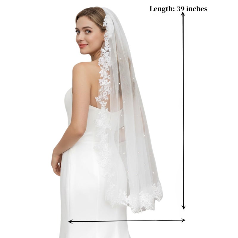 AMORARSI Wedding Veil Lace 1 Tier Cathedral Length Fingertip Length Bride Veil with Metal Comb - Image 5