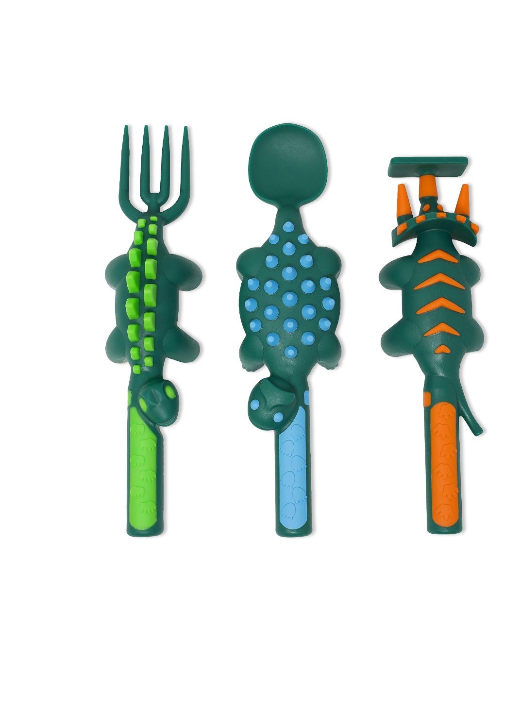 Eazy Kids Spoon, Fork & Pusher - Dark Green, Dinosaur, 3Pcs