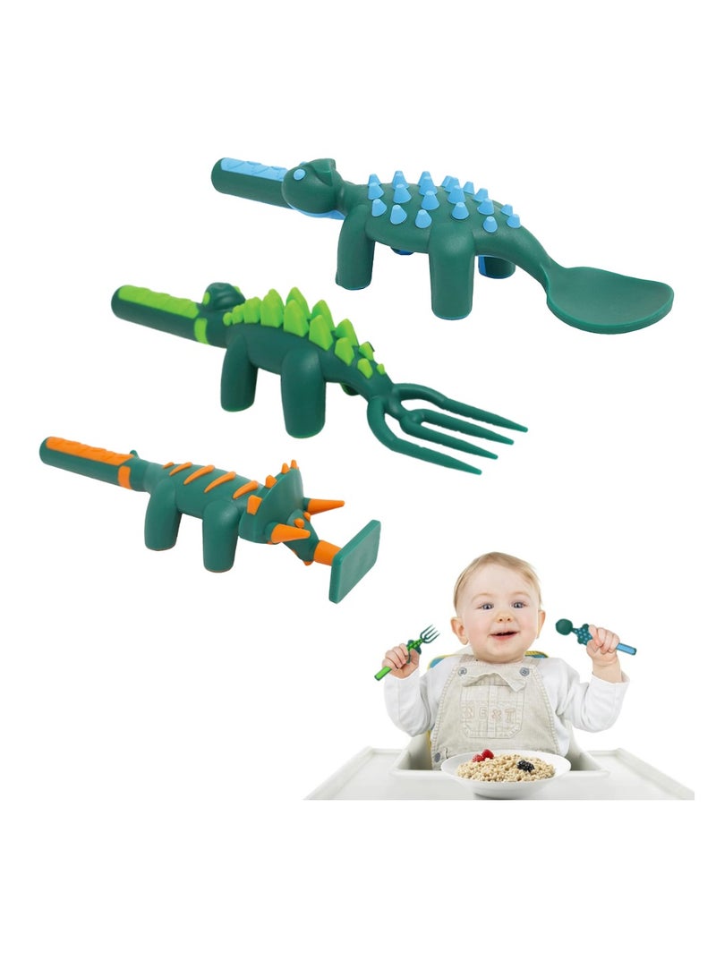 Eazy Kids ملعقة وشوكة ودافعة من إيزي كيدز - أخضر غامق، ديناصور، 3 قطع - Image 5