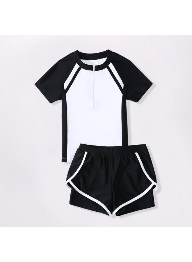 إسكدنيا ملابس سباحة للفتيات من قطعتين نمط رياضي بزاوية مسطحة للفتيات المحافظات الصغيرة والمتوسطة والكبيرة ملابس سباحة غير رسمية - اللون: أسود - - Image 1