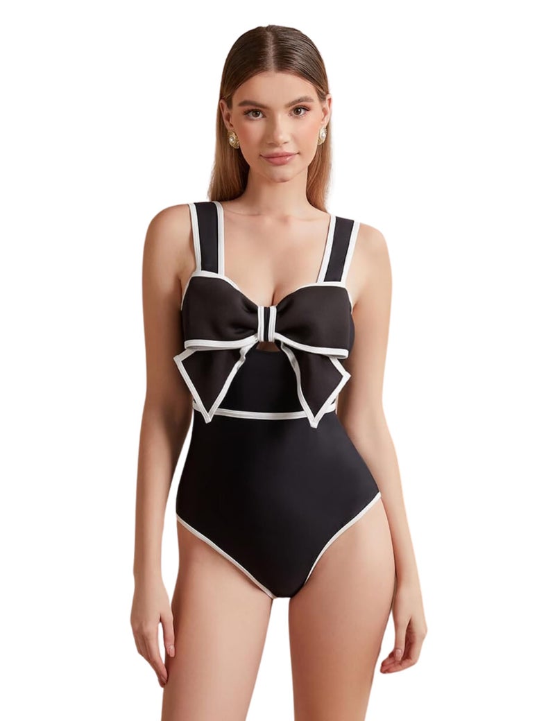 FLAXMAKER Black and White Swimsuit Bow-tie Decor One Piece Bathing Suit(Black,M) - Image 1