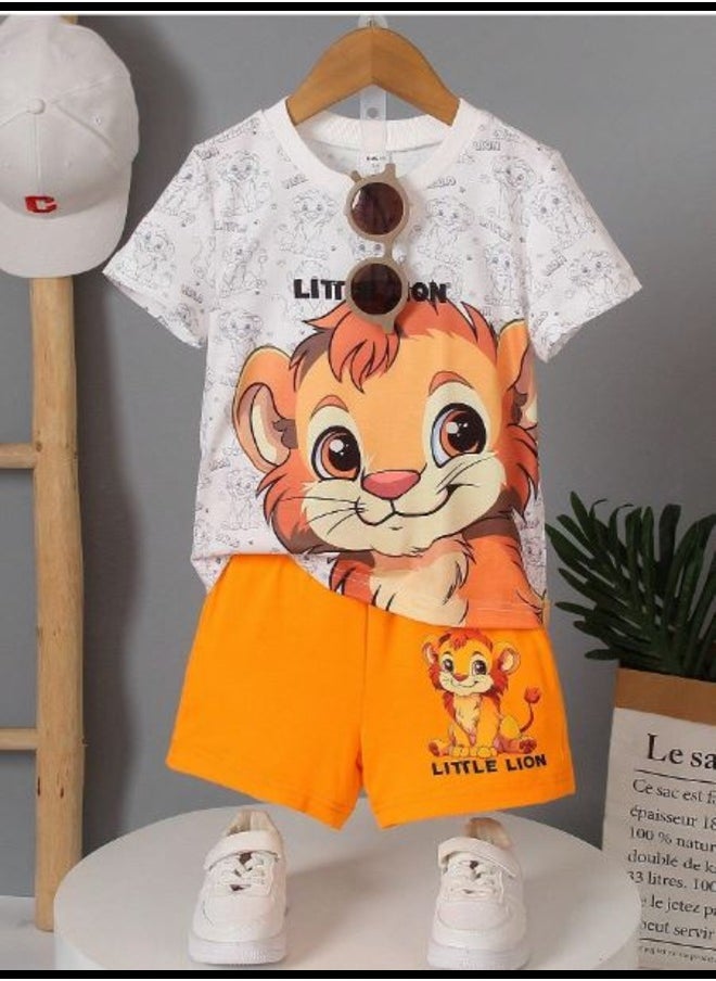 Shein SHEIN Kids QTFun Little Boys' Lion & Letter Print Short Sleeve T-Shirt And Shorts Set  - Image 1