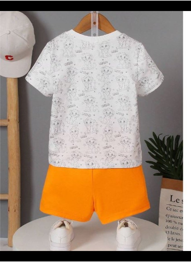 Shein SHEIN Kids QTFun Little Boys' Lion & Letter Print Short Sleeve T-Shirt And Shorts Set  - Image 2