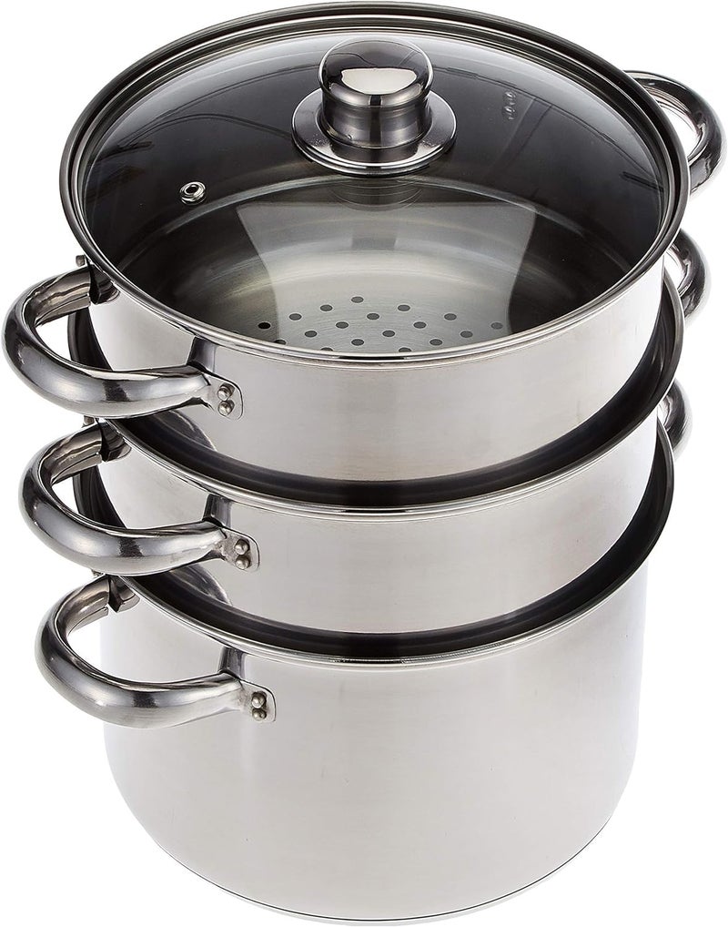KitchenCraft 3 Food Steamer PanStock Pot Food Steamer 3 tier Induction Safe Stainless Steel in Gift Box 22 cm 9 Silver