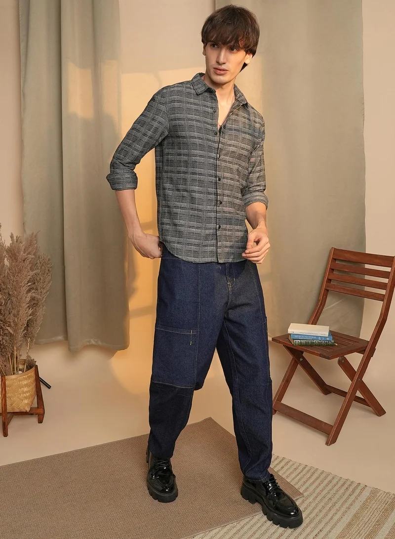 Campus Sutra Men's Charcoal Black Tartan Plaid Shirt