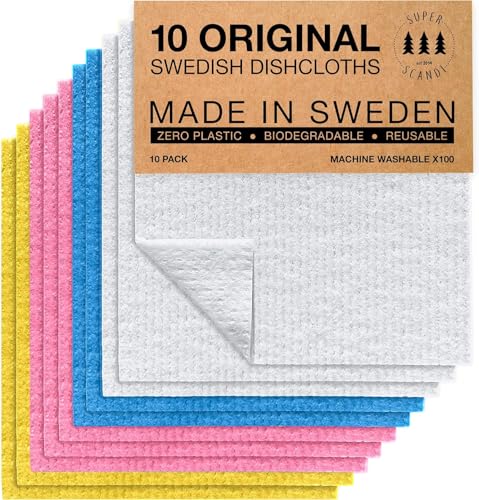 SUPERSCANDI 10 Pack Swedish Dishcloths for Kitchen  100 Biodegradable  Compostable  Reusable Paper Towels Washable FoodSafe  Without Plastic  Dish Rags Suitable for Any Surface  Multicolor