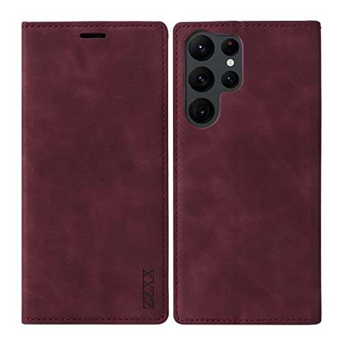 ZZXX Samsung Galaxy S22 Ultra Case Wallet with RFID Blocking, Card Slot, Photo Frame, Kickstand, Magnetic, Soft Leather Flip Fold Case (Wine Red-6.8 inch) - Image 1